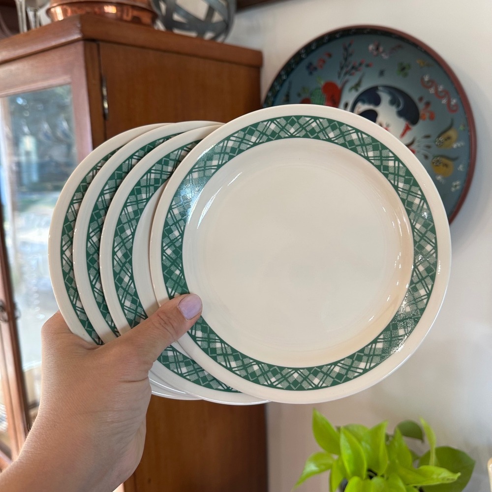 Vtg Corelle Green Plaid‎ Dessert Bread Salad Plates Set of 4 Cottagecore 7 1/4"